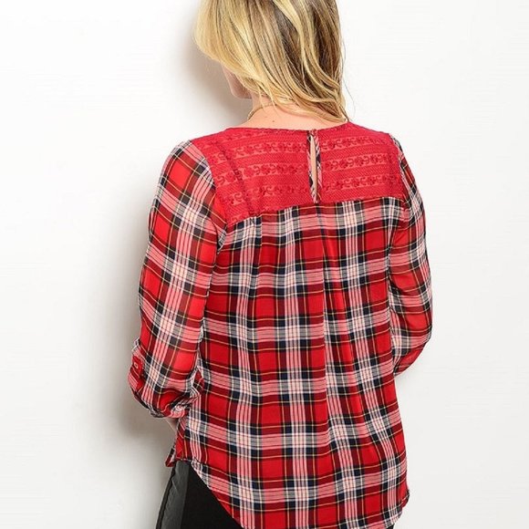 E M TOO Women's Sheer Red Plaid Tunic Top Lace Yoke Scoop Neck Size 2XL  NWT - Picture 3 of 3